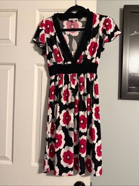 Black Floral V-Neck Dress with Pink & White Blooms